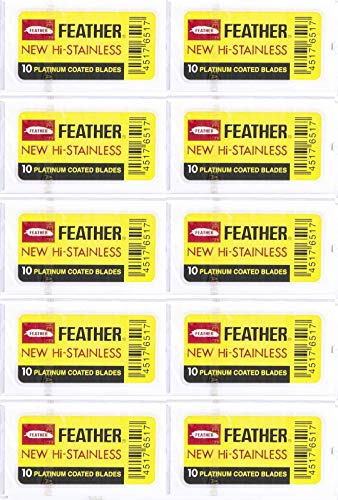 100 Feather (Yellow Label) Razor Blades Platinum Coated NEW Hi-Stainless for Double Edge Safety Razors (100 count) | Made in Japan