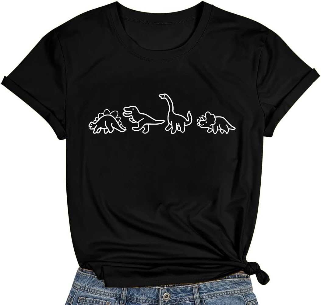 Women Cute Dinosaurs Graphic Tees Girls Short Sleeve Casual Crew Neck Tshirt Tops - Image 3