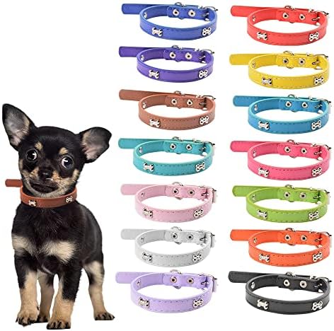Puppy ID Collars, Soft Leather Dog Collar ,14 Colors PU Leather Adjustable Dog Cat Collars for Dog Small Large Cat Collars Newborn Puppies Kitten (XS(0.47"*12.9"), Bone - 14 Colors)