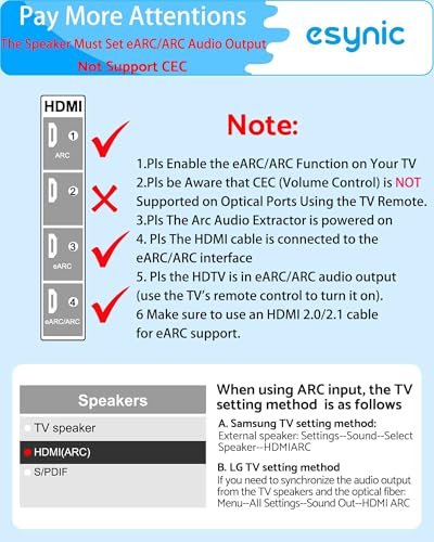 Image of eSynic Professional eARC Audio Extractor-192KHz ARC to Optical Adapter-for HDTV ARC /eARC Ports to Optical Soundbar-Ultra Long 7ft Cable-Easy to Setup-Support PCM 2.0 /Dolby 5.1 /DTS 5.1 Audio Formats