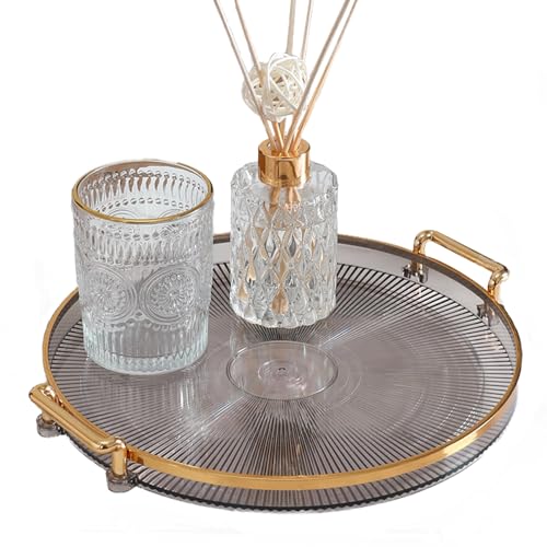 Tissting Bandeja Redonda con Asas, Antracita Oro Bandeja Redonda Transparente para Servir Pan Simple Fruta Postre Merienda Plato de Dulces para Cocina, Baño, Sala de Estar