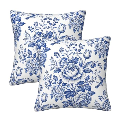 Tebjh Blue White Chinoiserie Floral Throw Pillow...
