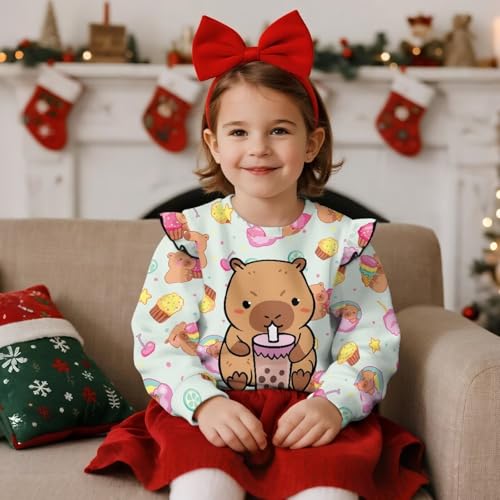 Capybara Sweatshirt Cute Crewneck Tee Tops for Toddler Girl 1Y-8Y Long Sleeve Shirt Ruffle Shoulder Fall Clothes4