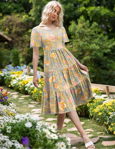 Image of Zeagoo Women's Summer Dress Midi Floral Flutter Short Sleeve Casual Dresses with Pockets Tiered Flowy Boho Beach Dress
