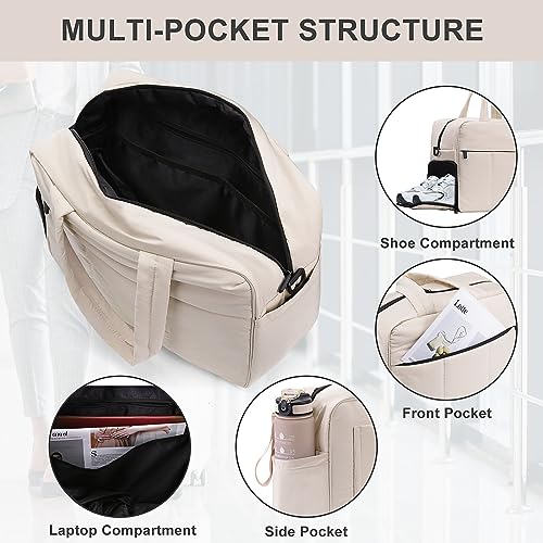 Juoxeepy-Travel-Duffel-Bag-Quilted-Nylon-Weekender-Bag-Puffer-Gym-Tote-Bag-for-Women-Carry-on-Duffel-Bag-with-Shoe-Compartment-Overnight-Bag-Beige