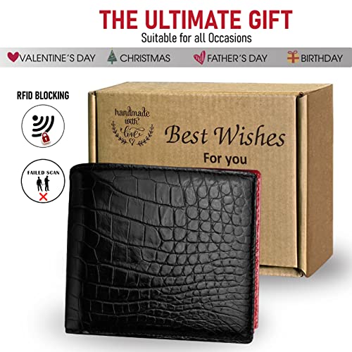Image of HATA Black Red Bifold Leather Wallet for Men, Exotic Double-Sided Leather Wallet with RFID Blocking & ID Window Credit Card Holder, Handmade Gift for Birthday, Anniversary, Father's Day VILE-212