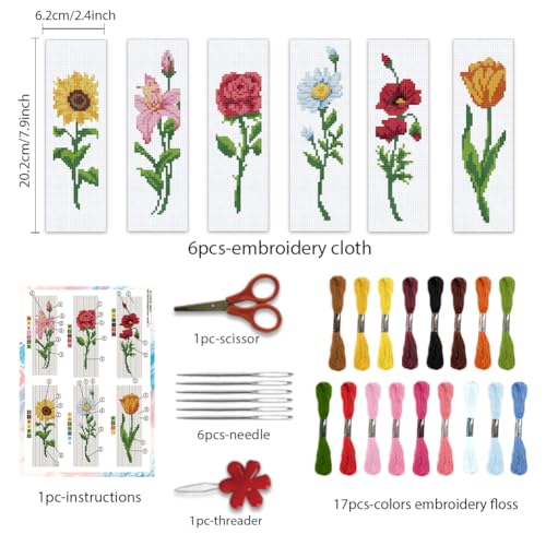 Image of BEUNITONE 6 Pcs Flower Bookmark Cross Stitch Kits DIY Stamped Embroidery Bookmark Kit for Adults Beginner with Instructions Vivid Floral Cross Stitch Kits for DIY Crafts Book Lovers Gifts 2.4x8 in