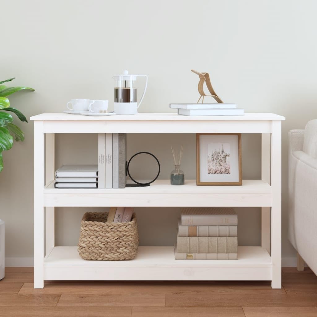 Consola clásica de madera de pino maciza con 3 estantes, mesa de pasillo para entrada como mesa de centro o mesa de TV con aspecto rústico y mucho espacio de almacenamiento