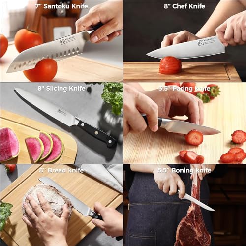 Image of KEEMAKE Knife Block Set, 15Pcs High Carbon Stainless Steel Kitchen Knife Set with Block, Ultra Sharp Knives Set for Kitchen with Knife Sharpener Kitchen Scissors, Forged Chef Knife Set