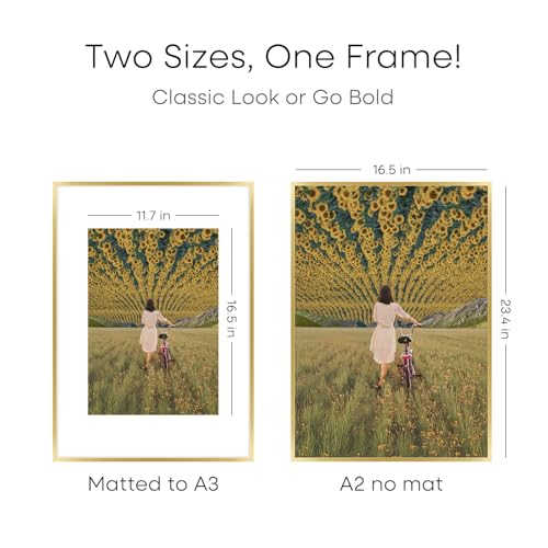 Image of Homeforia A2 Picture Frame Gold, High End Metal 16.5 x 23.5 inches Poster Frames with Mat 11.7 x 16.5 for Photo, A2 Size Frames Matted to A3 Print, 16.5 by 23.4 Hanging Frame, Tempered Glass, Set of 1