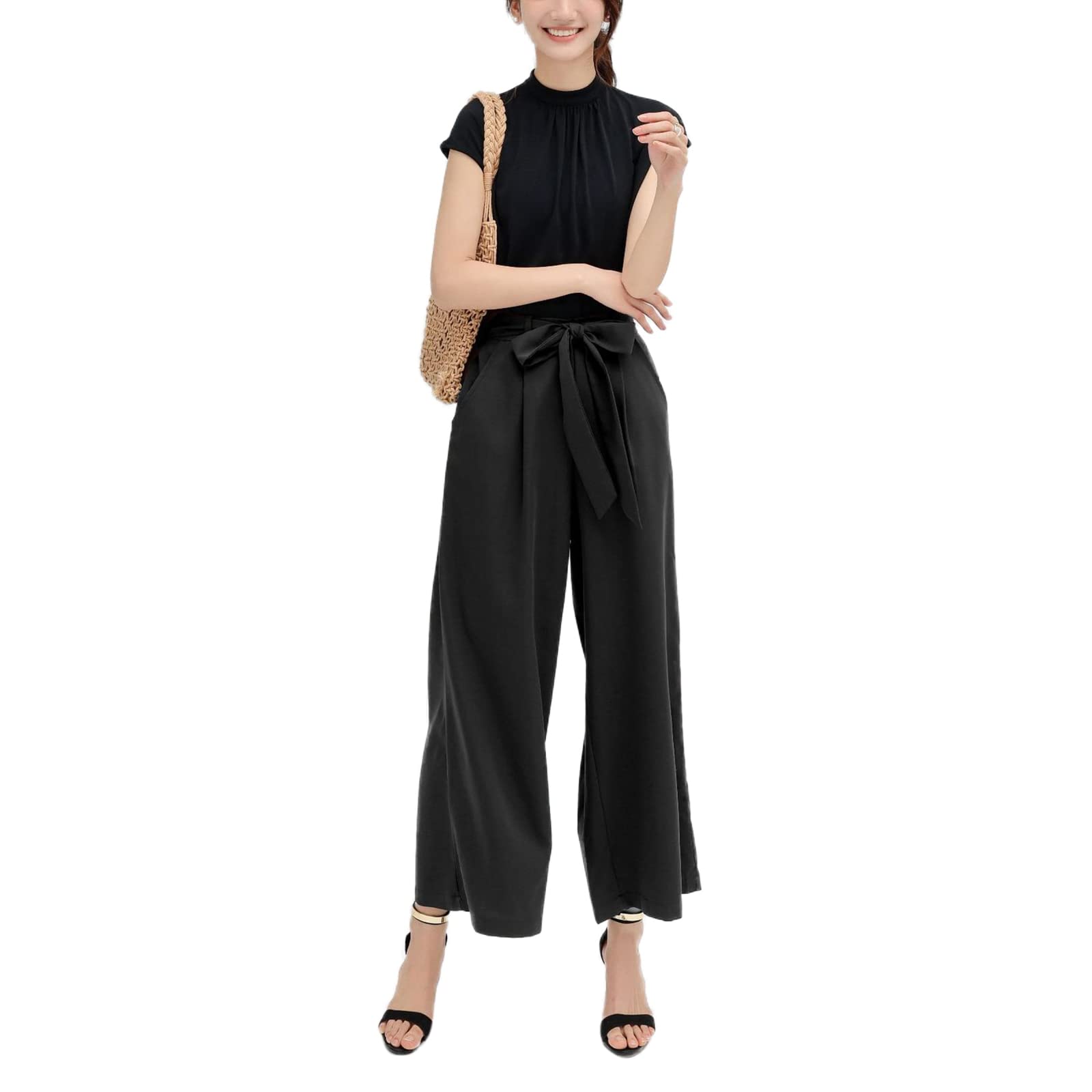 Women Fashion Wide-Leg Pant Solid Color Straight Pant Summer Casual Loose High Waist Slack with Tie-Up Waist Belt