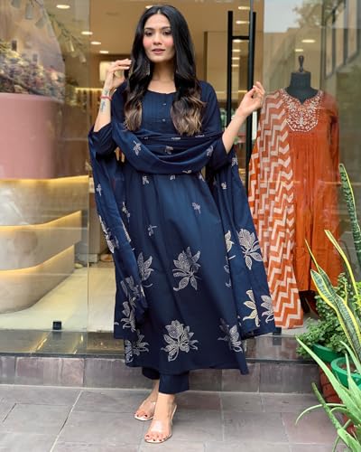 Image of GoSriKi Women's Rayon Blend Anarkali Printed Kurta with Pant & Dupatta | Ethnic Kurta Pant Dupatta Set for Women | Traditional Indian Wear Outfit