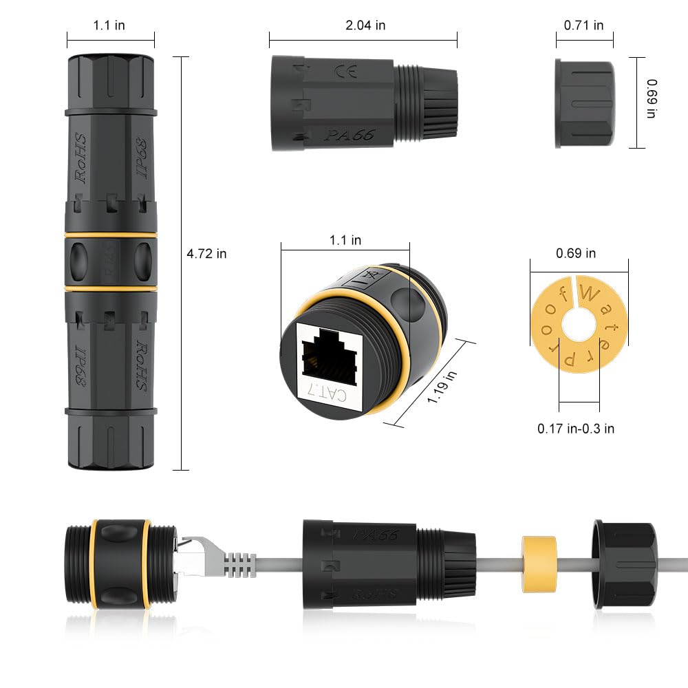 iwillink Coupleur RJ45 étanche, coupleur Ethernet blindé femelle vers femelle, connecteur de câble Ethernet extérieur IP68 pour câble Ethernet PoE (CAT7, 8)