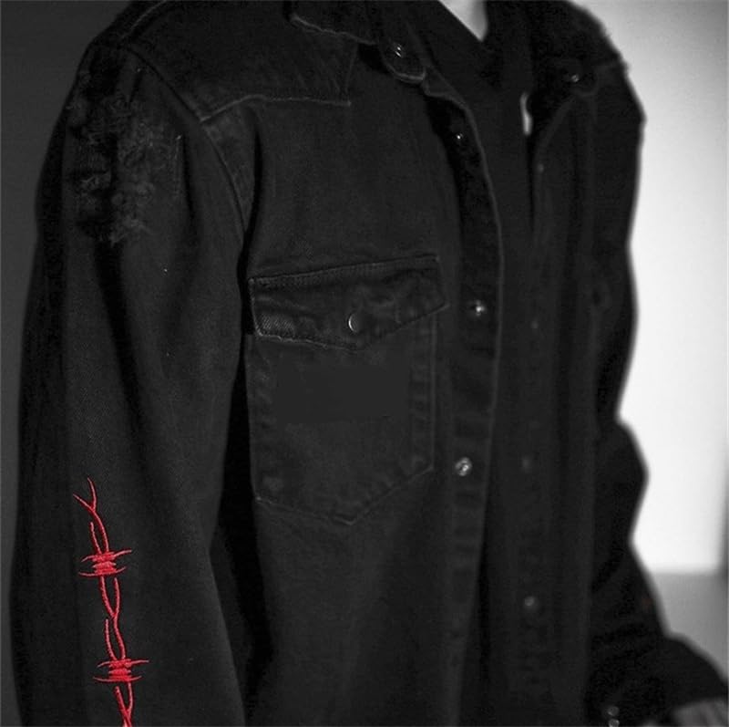 Darkrai Men's Black Jacket Gothic Snake Denim Shirt Punk Heavy Metal Sweatshirt Hole Streetwear Harajuku Embroidery3