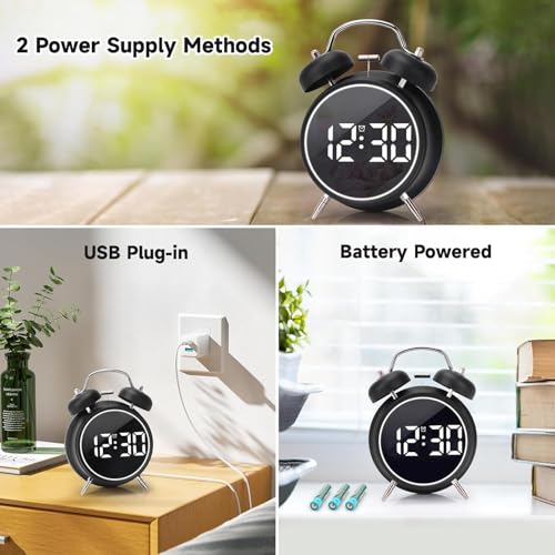 Image of AERYS 4.5-Inch Digital Alarm Clock, Table Clock Double Bell LED Silent Metal Clock with Night Light, Loud Bedside Alarm for Heavy Sleepers, Home, Office, Bedroom, Living Room,Home Decor (Big Black)