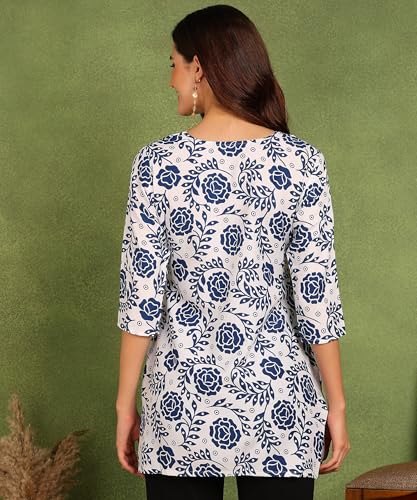 Image of DSK Studio Women's Cotton Short Kurti with Notch Neck Line 3 /4th Sleeves Floral Pattern Short Length and Regular Fit