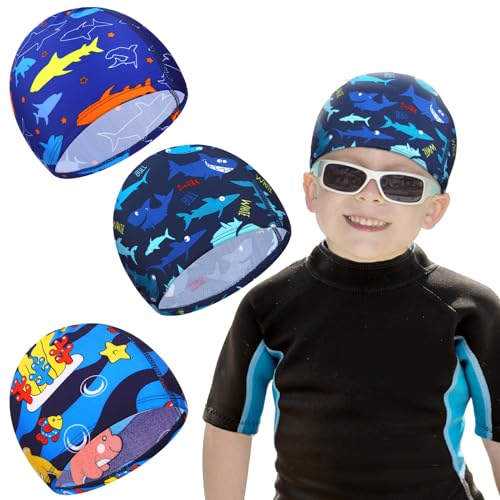 Geyoga Kids Swim Caps Polyester Swimming Pool,6-12,Shark, Dolphin