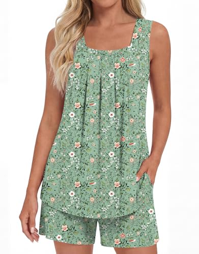 Image of LONGYUAN Womens Sleeveless Pajama Set Soft Summer Lounge Shorts Tank Top Sleepwear with Pockets 2 Piece Set M-3XL
