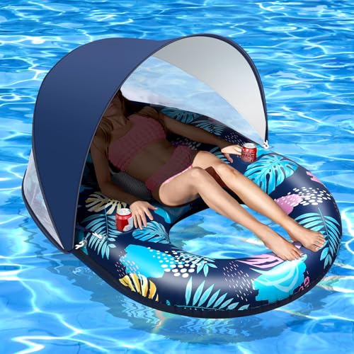 Alupssuc Inflatable Pool Floats with UPF50+ Canopy-Removable-120° Adjustable, Large Pool Beach Floating Raft Lounge with 2 Cup Holders, Swimming Inflatable Pool Floats for Beach, Lake, Party