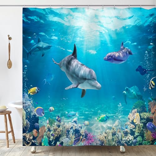 OCEUMACO Rideau Douche Anti Moisissure 200x200 Dauphin Rideau de Douche Baignoire Tissu Imperméable Polyester Poisson Océan Bleu Rideaux Salle de Bain avec...