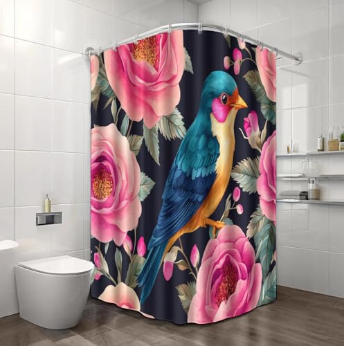Rideau de douche 180 x 200 cm oiseau rose en polyester lavable - 5