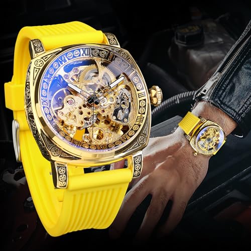 Image of FORSINING Fancy Watches for Men, Square Retro Mechanical Watch Self-Wind Carved, Gear Movement Golden Skeleton Automatic Watches Vintage Leather Strap Wrist Watch