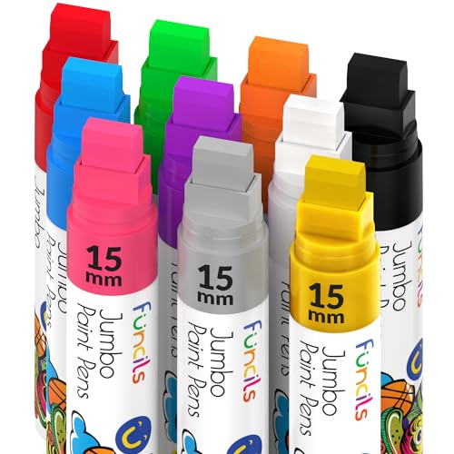 Funcils 10 Jumbo Acrylic Paint Markers - 15mm Acrylic Paint Pens for Canvas, Rock Painting, Wood, Plastic, Glass - Thick Permanent Markers for Signs, Wall Murals, Calligraphy, Tagging Graffiti Markers