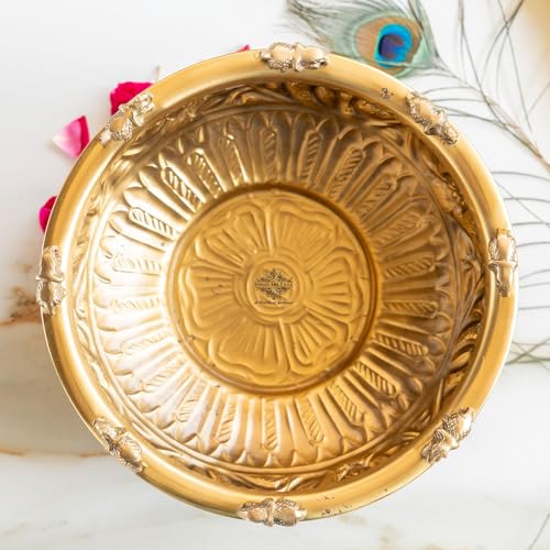 Image of INDIAN ART VILLA Brass Embossed Urli with Elephant Statues, Traditional Decorative Pooja Bowl, Home Decor Centerpiece, Ideal for Festivals, Weddings, Gifting, and Cultural Celebrations, 8 Inches