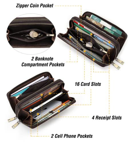 Image of Top Grain Genuine Leather Handheld Purse Wallet for Man & Woman, Classic Vintage Design, Fully Handmade, 2 Zipper Pockets & Multiple Slots, RFID Large Capacity for Daily /Business /Traveling /Gift, Black