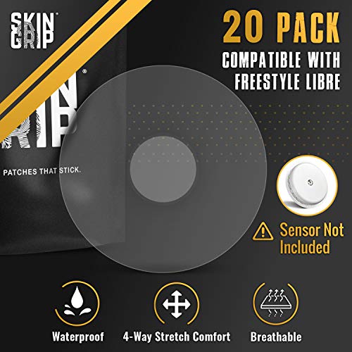Skin Grip Adhesive Patches For Freestyle Libre 2 – Waterproof & Sweatproof For 10-14 Days, Pre-Cut Adhesive Tape, Continuous Glucose Monitor Sensor Cover – 20 Pack, Clear #TOP4