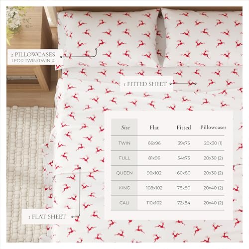 Image of Great Bay Home Christmas Flannel Sheet Set Full Size - 100% Turkish Cotton, Double-Brushed, Winter Bed Sheets - Ultra-Soft, Cozy, 4-Piece Holiday Bedding Set (Reindeer)