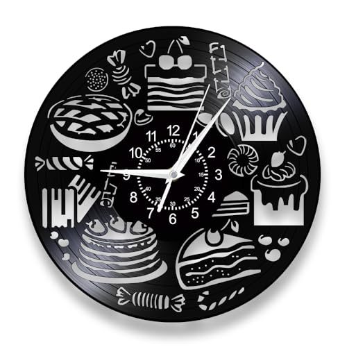 Dessert Shop Wall Clock, 12 Inch Bread Sweets Cupcake Kitchen Wall Clock, Silent Quartz Non Ticking Battery Operated Modern Decorative Analog Vinyl Record Wall Lamp Clock Watch for Bakery