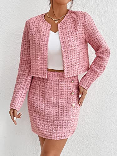 Floerns Women's 2 Piece Outfits Plaid Tweed Blazer Long Sleeve Jacket And Skirt Set Light Pink M #TOP3