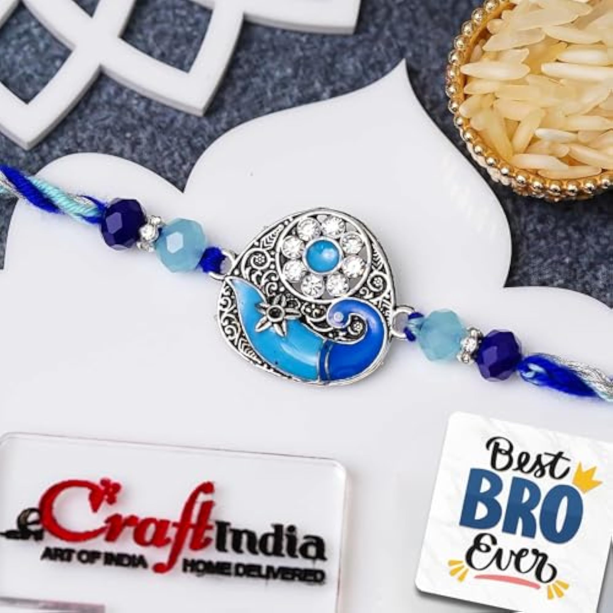 Blue Designer Peacock Rakhi for Brother with Gift Combo Set