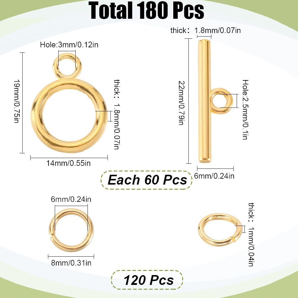 1 Box 60 Sets Toggle Clasps Ring and Bar Clasp Gold & 120Pcs Brass Open Jump Rings OT Toggle T-Bar Connectors Findings for Jewelry Making Supply DIY Crafts Necklace Bracelet Supplies - Image 2