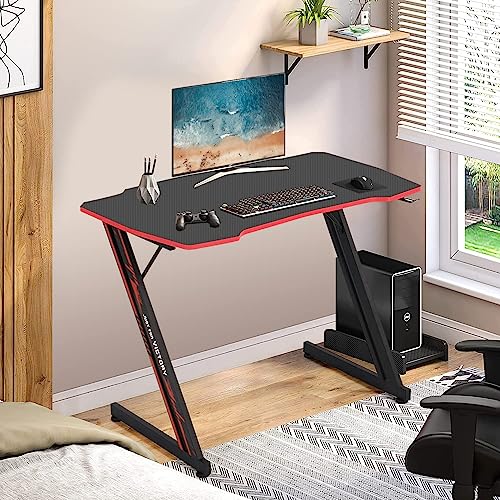 Image of Gmaing Desk 35.4in PC Computer Desk, Blue Ergonomic Gaming Table Z Shaped Gaming Workstation with Headphone Hook for Home Office