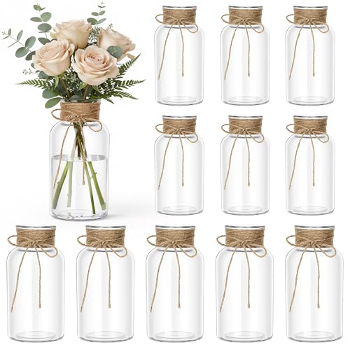 Mason Jars For Centerpiece, 12 Pack Vintage Farmhouse Glass Flower Vase Transparent White Vases Bulk For Weddings, Parties, Christmas &Amp; Home Decor