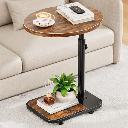 Image of TV Tray Table with Infinite Adjustable Height - C-Shaped Sofa End Side Table for Snack Laptop Desk Small Spaces (Brown)