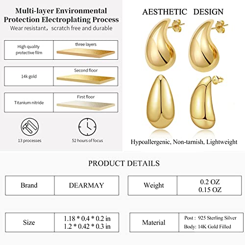Dearmay Waterdrop Chunky Gold Teardrop Hoops Earrings Set For Women Trendy 14K Real Gold Plated Hoop Earrings Hypoallergenic Thick Lightweight Big Pack Large Jewelry For Women Teen Girls #TOP2