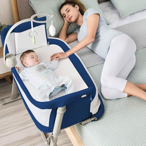 Image of BAYBEE Premium Pro Bedside Crib Cradle for Baby | Bassinet for New Born with 6 Height Adjustable & Rocking Mode | Foldable Cot with Mosquito Net & Storage | Portable Bedside Baby Cribs & Cots (Dblue)