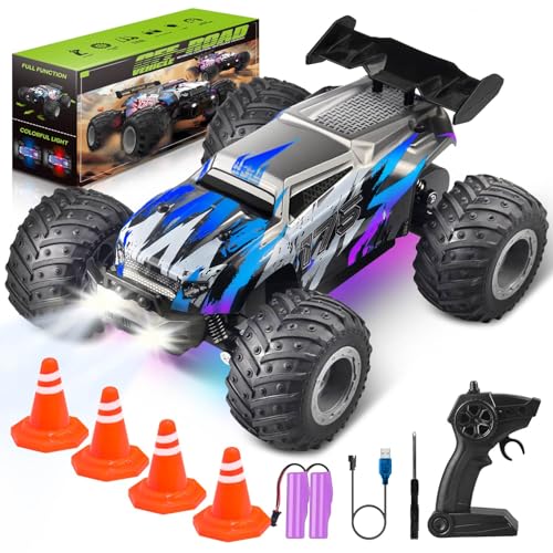 Voiture Télécommandée Tout Terrain 20 km/h, 1:16 Voiture Radiocommandée Haute Vitesse avec lumière, 2 Batteries, Suspension 4...