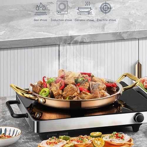 Round Spanish Paella Pan - 304 Stainless Steel Nonstick Seafood Pot, Dual Handle Stockpot for Home Cooking, Ideal for Lobster, Shrimp & Rice Dishes - Kitchen Cookware Essential