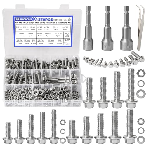 370PCS Metric Flange Bolt Assortment, M6x1.0, M8x1.25, M10x1.5 (12mm to 40mm) Hex Head Bolts and Nuts Assortment, Stainless Steel 304 Flange Bolts Nuts Washers Kit Hakkin, Hex Socket Included