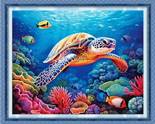 Image of Redxing Stamped Cross Stitch Kits Full Range of Embroidery Starter Kits- Needlepoint Counted Cross Stitch Kits for Beginner Adults 11CT Printed Embroidery Kit-Colorful Turtle 16x20 inch