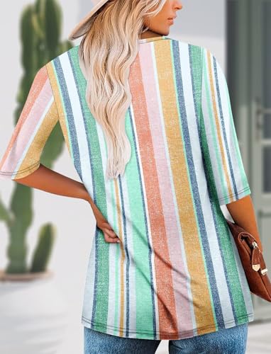 KISSMODA Tunic Tops for Women Loose Fit Dressy Round Neck Pleated 3/4 Length Sleeve Spring Tops