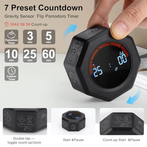 Image of Small Productivity Timer - Pomodoro Timer with 3 /5 /10 /25 /60 Min Presets & Custom Countdown | Magnetic Rechargeable Digital Clock for Desk, Study and Games (Black)