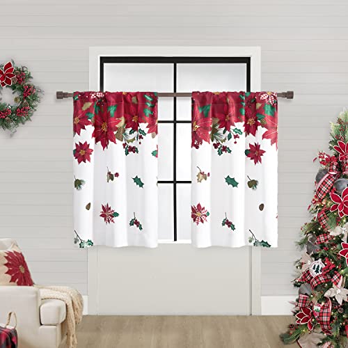 24 Inch Length Curtains For Small Window,Blackout Thermal Kitchen Tier Curtain Set 2 Pack,Cafe Neutral Christmas Vintage Farmhouse Buffalo Plaid Check Poinsettia Floral Curtain For Rv Basement,Red #TOP3
