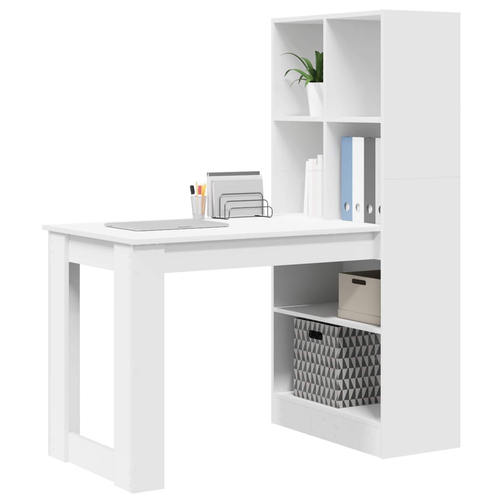 Schreibtisch mit Regal Weiß 122 x 67 x 145 cm Holzwerkstoff, moderner Schreibtisch mit Fächern und viel Stauraum für Büromaterialien, langlebige Glatte Oberfläche, einfache Montage