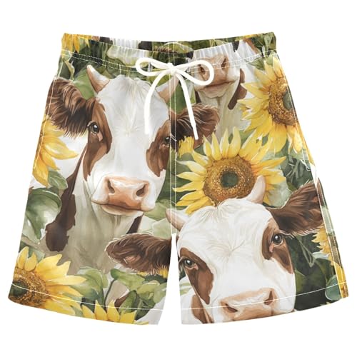 Boys Beach Board Shorts Animal Cow Yak Sunflower Swim Trunk Teen Swimwear