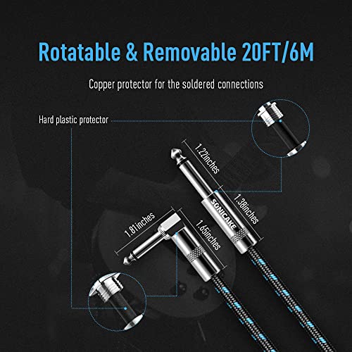 Image of SONICAKE Braided Guitar Cable 6m /20ft Guitar Instrument Cable 6.35mm 1 /4 inch Right Angle to Straight Black Blue
